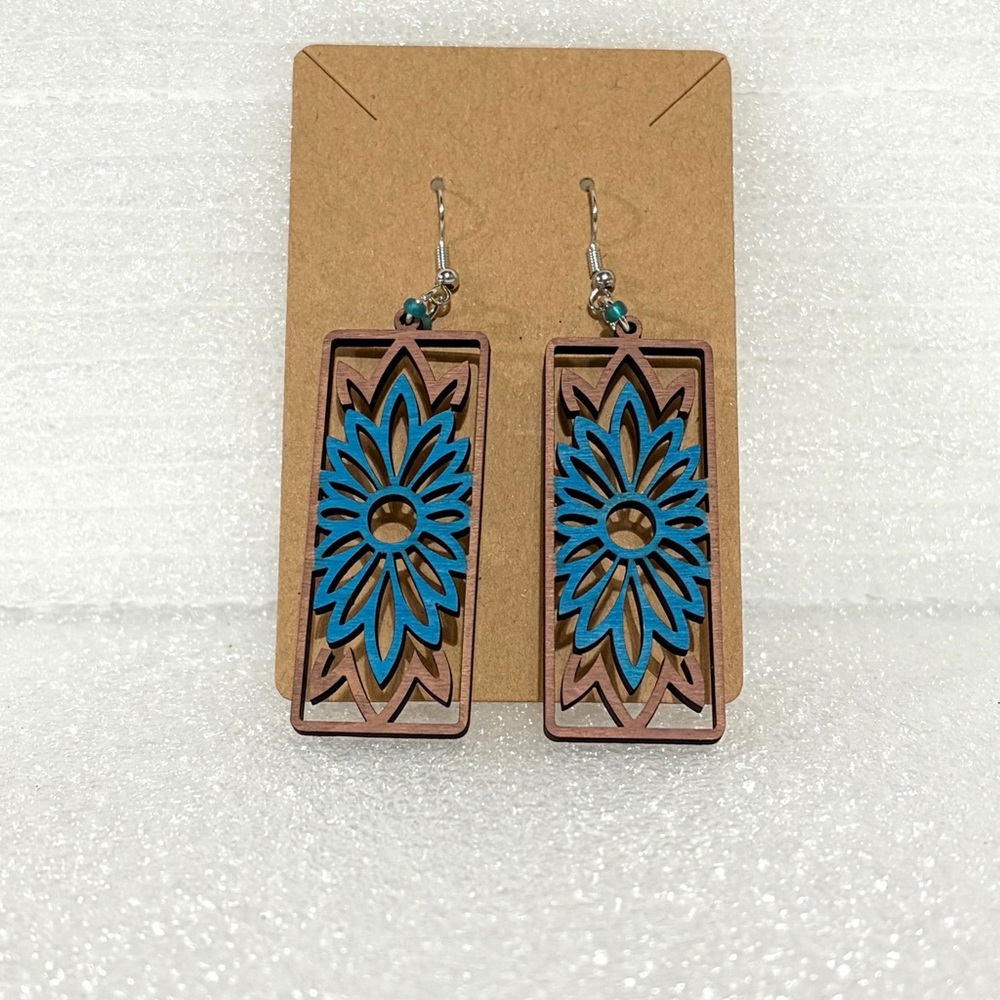 Blue and Brown Floral wood earrings hand made